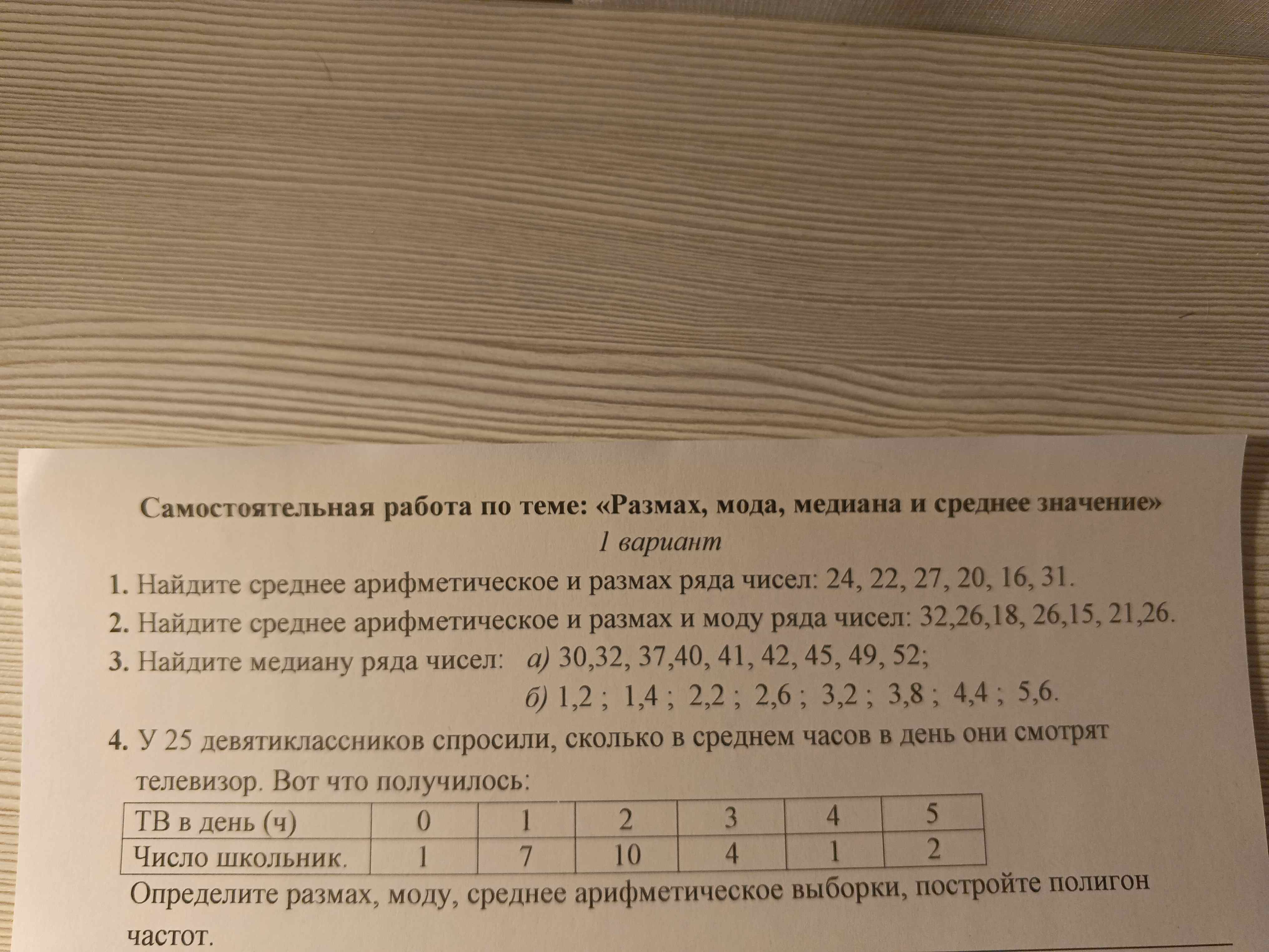 Фото заданий: Найдите среднее арифметическое и размах ряда чисел; Найдите среднее арифметическое, размах и моду ряда