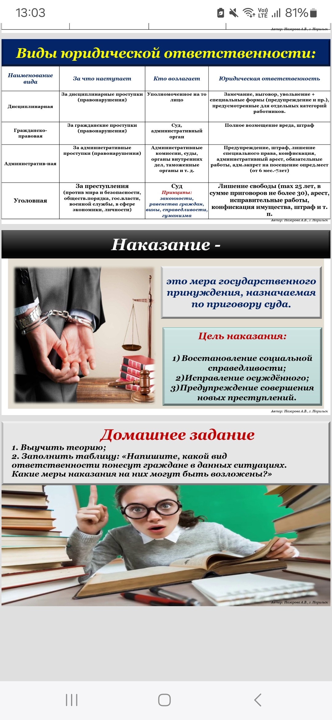 Фото заданий: 1. Выучить теорию; 2. Заполнить таблицу: «Напишите, какой вид ответственности